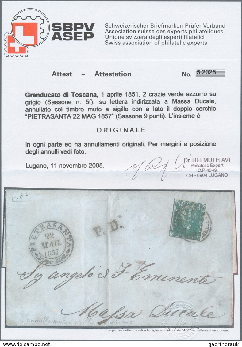 Italien - Altitalienische Staaten: Toscana: 1851, 2 Cr Greenish Blue On Grey, 3 Margins, Left Side T - Toscane