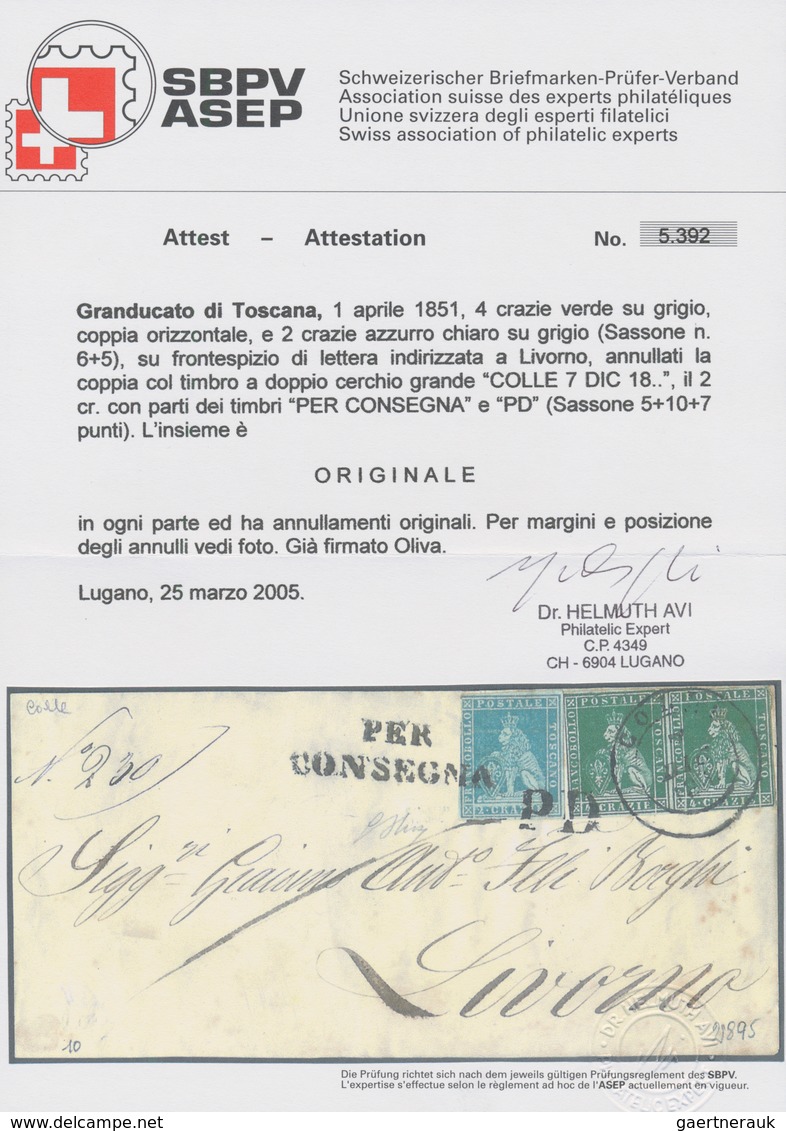 Italien - Altitalienische Staaten: Toscana: 1851, 4 Crazie Green On Grey, Horizontal Pair And 2 Craz - Toscane