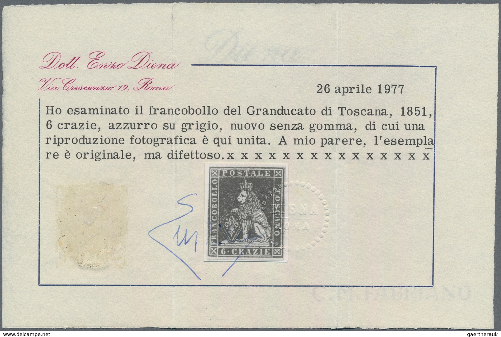 Italien - Altitalienische Staaten: Toscana: 1851, 6cr. Blue On Grey Paper, Fresh Colour, Touched To - Toscane