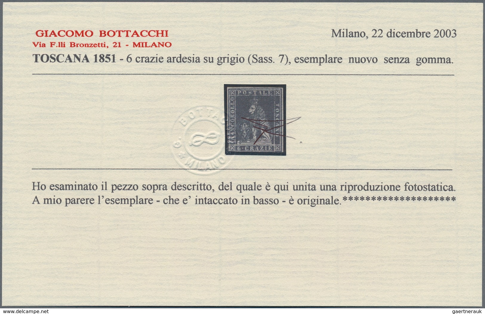 Italien - Altitalienische Staaten: Toscana: 1851, 6cr. Slate-blue On Grey Paper, Intense Colour, Cut - Toscane