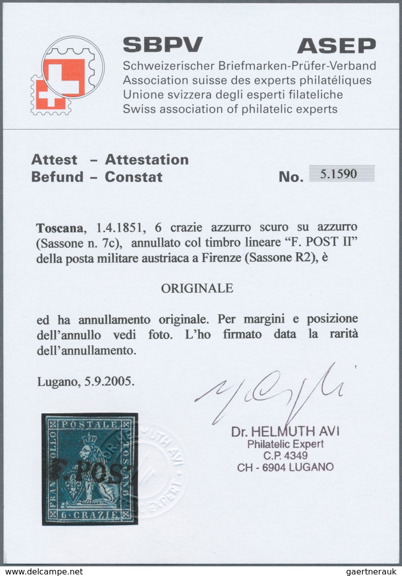 Italien - Altitalienische Staaten: Toscana: 1851, 6 Cr Deep Blue On Blue, Even To Close Margins, Wit - Toscane