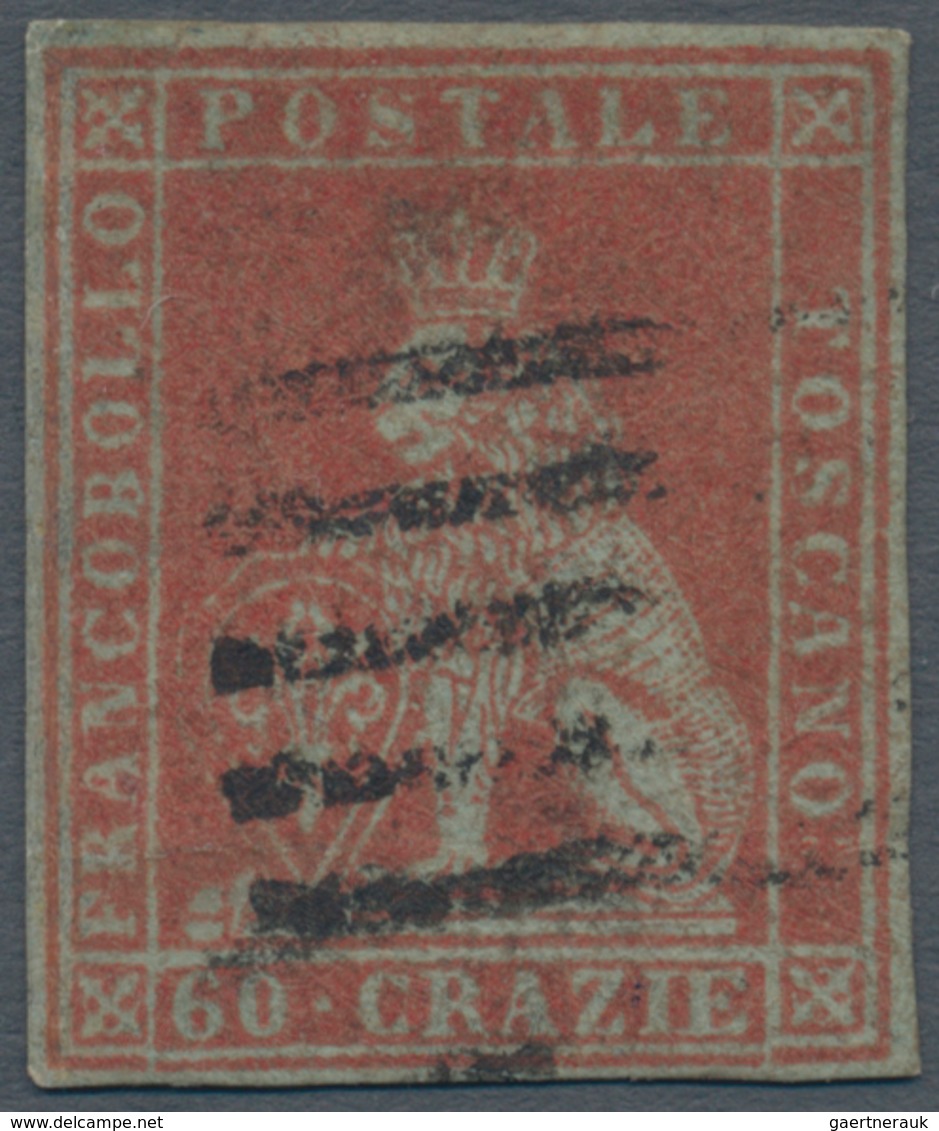 Italien - Altitalienische Staaten: Toscana: 1851: 60 Crazie Dark Scarlet On Grey, Cancelled With Fiv - Toscane