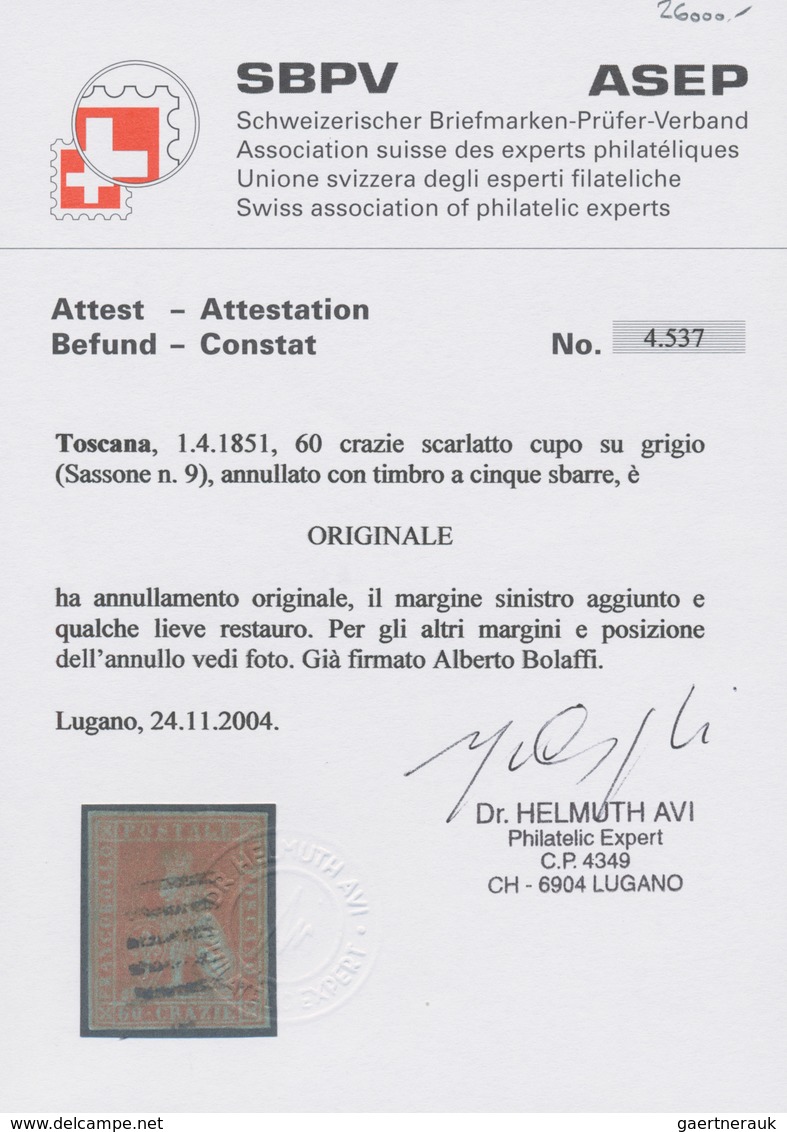 Italien - Altitalienische Staaten: Toscana: 1851: 60 Crazie Dark Scarlet On Grey, Cancelled With Fiv - Toscane