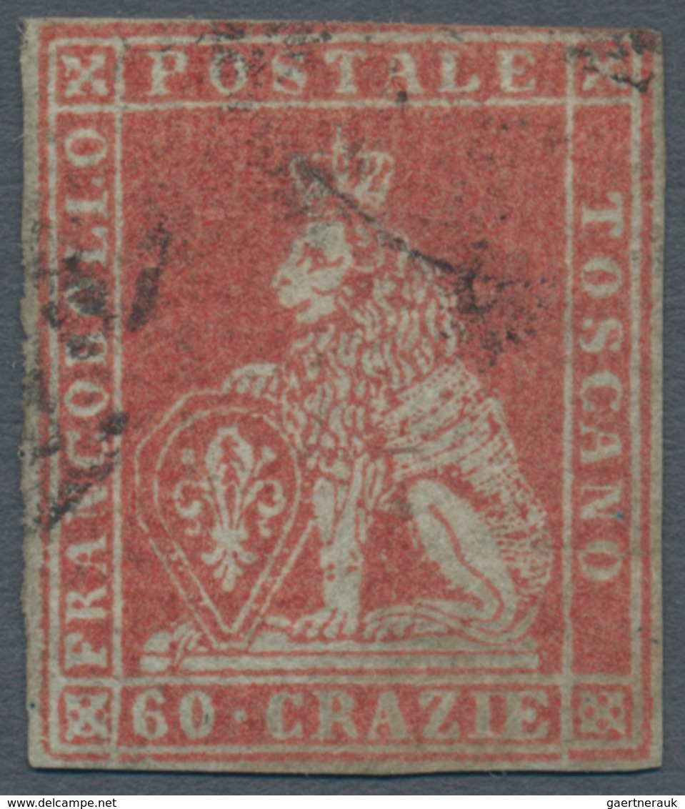 Italien - Altitalienische Staaten: Toscana: 1851: 60 Crazie Dark Scarlet On Grey, Lightly Cancelled, - Toscane