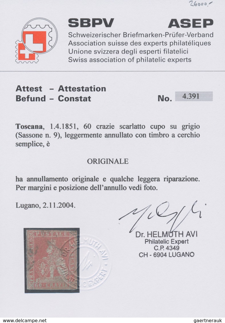 Italien - Altitalienische Staaten: Toscana: 1851: 60 Crazie Dark Scarlet On Grey, Lightly Cancelled, - Toscane