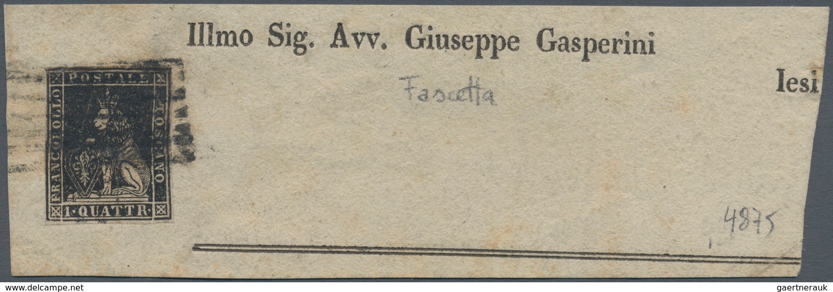 Italien - Altitalienische Staaten: Toscana: 1857, 1 Q. Black, Isolated On A Newspaper Wrapper Front - Toscane