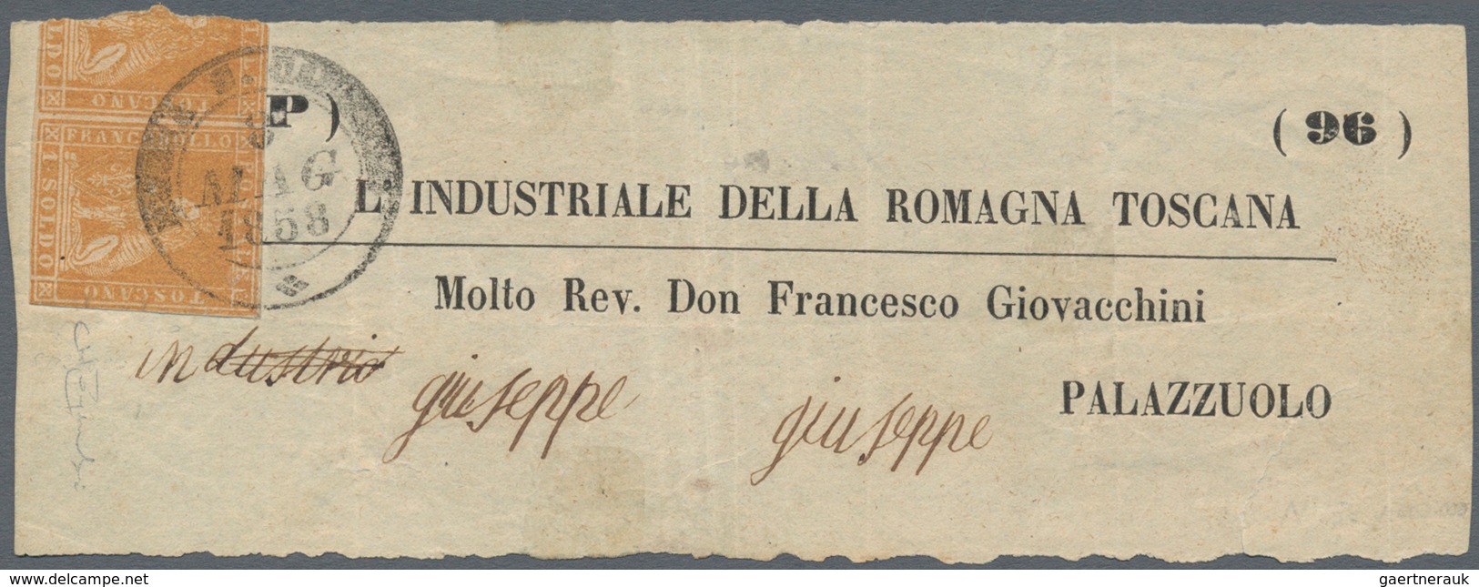Italien - Altitalienische Staaten: Toscana: 1855: 1 Soldo Ochre, Horizontal Pair On A Wrapper Front - Toscane