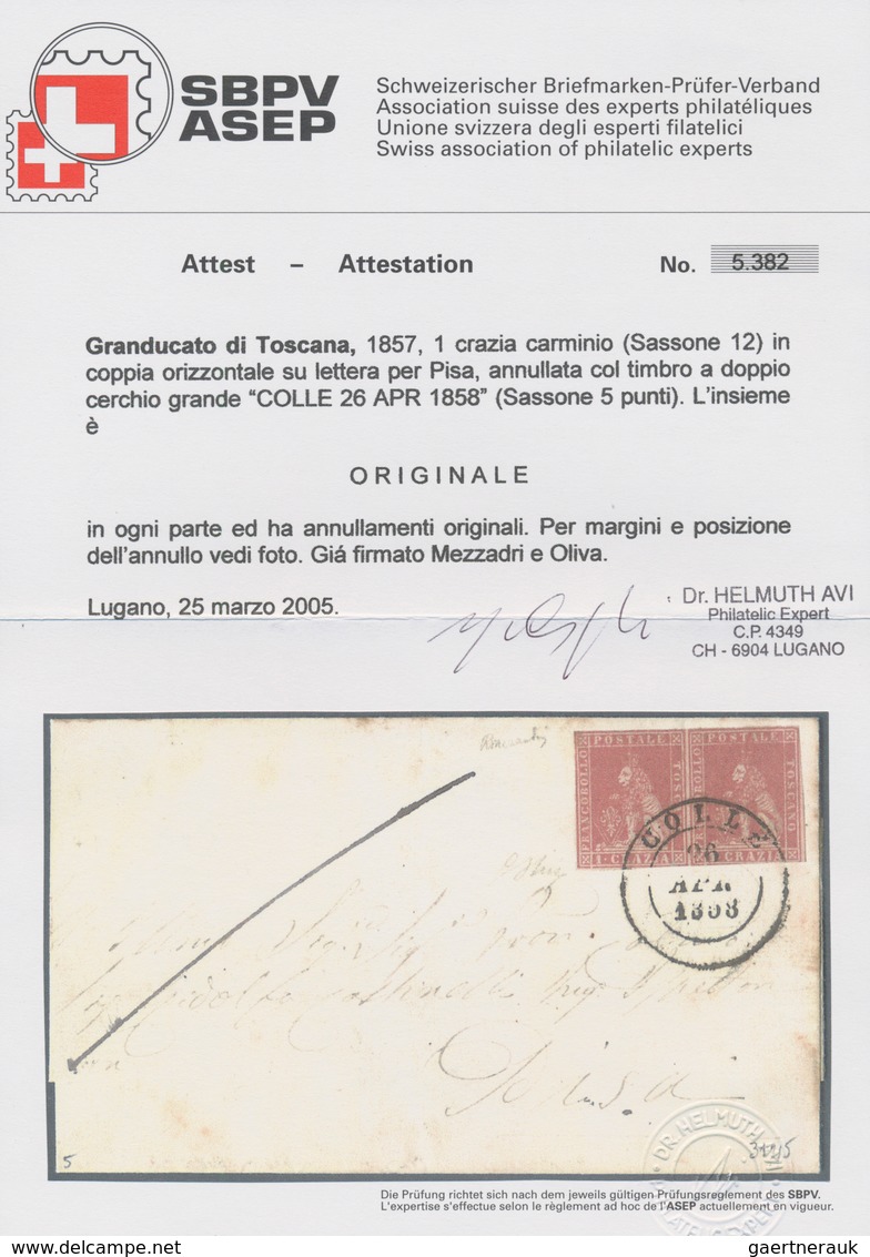 Italien - Altitalienische Staaten: Toscana: 1857, 1 Crazia Carmine In Horizontal Pair On Letter For - Toscane