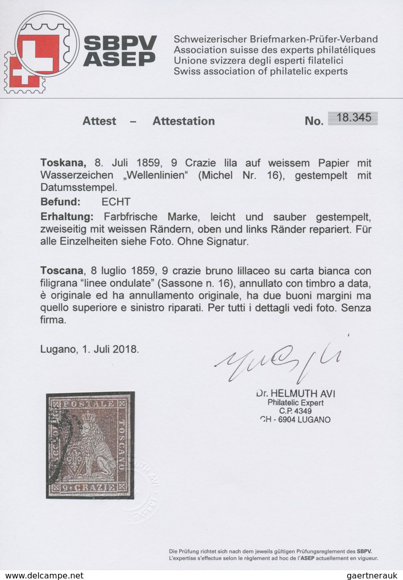 Italien - Altitalienische Staaten: Toscana: 1859, 9 Cr Lilac, Used With Part Of A Black Postmark, Le - Toscane