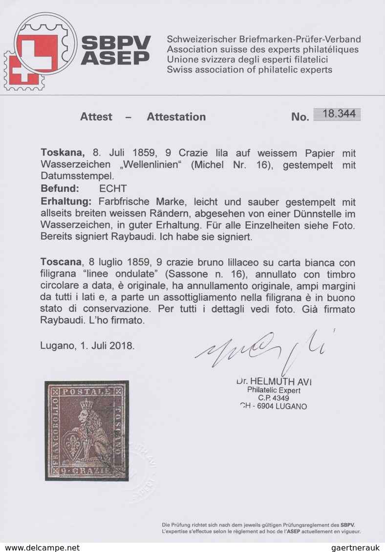 Italien - Altitalienische Staaten: Toscana: 1859, 9 Crazie Lilac Brown On White Paper With "wavy Lin - Toscane