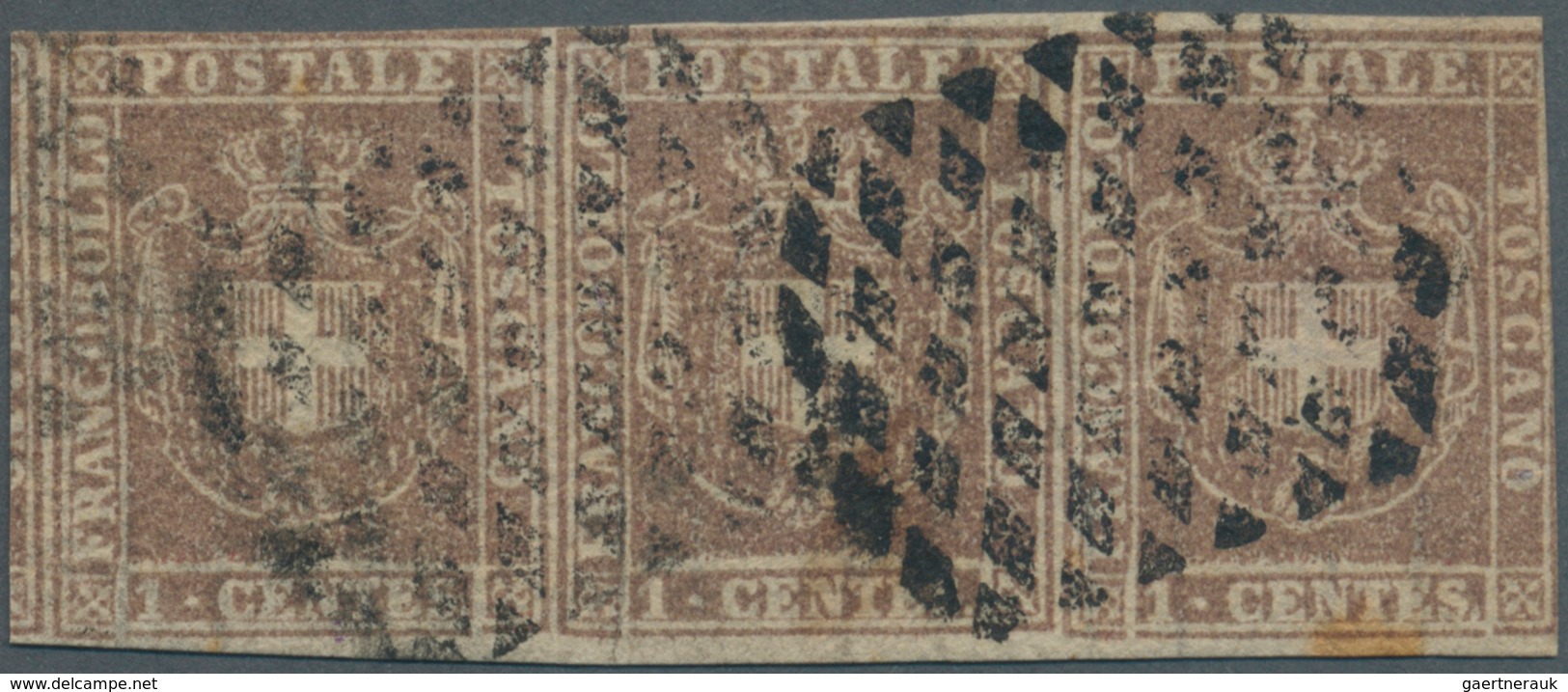 Italien - Altitalienische Staaten: Toscana: 1860, 1 Ct Brown Lilac, Horizontal Strip Of 3, Right Mar - Toscane