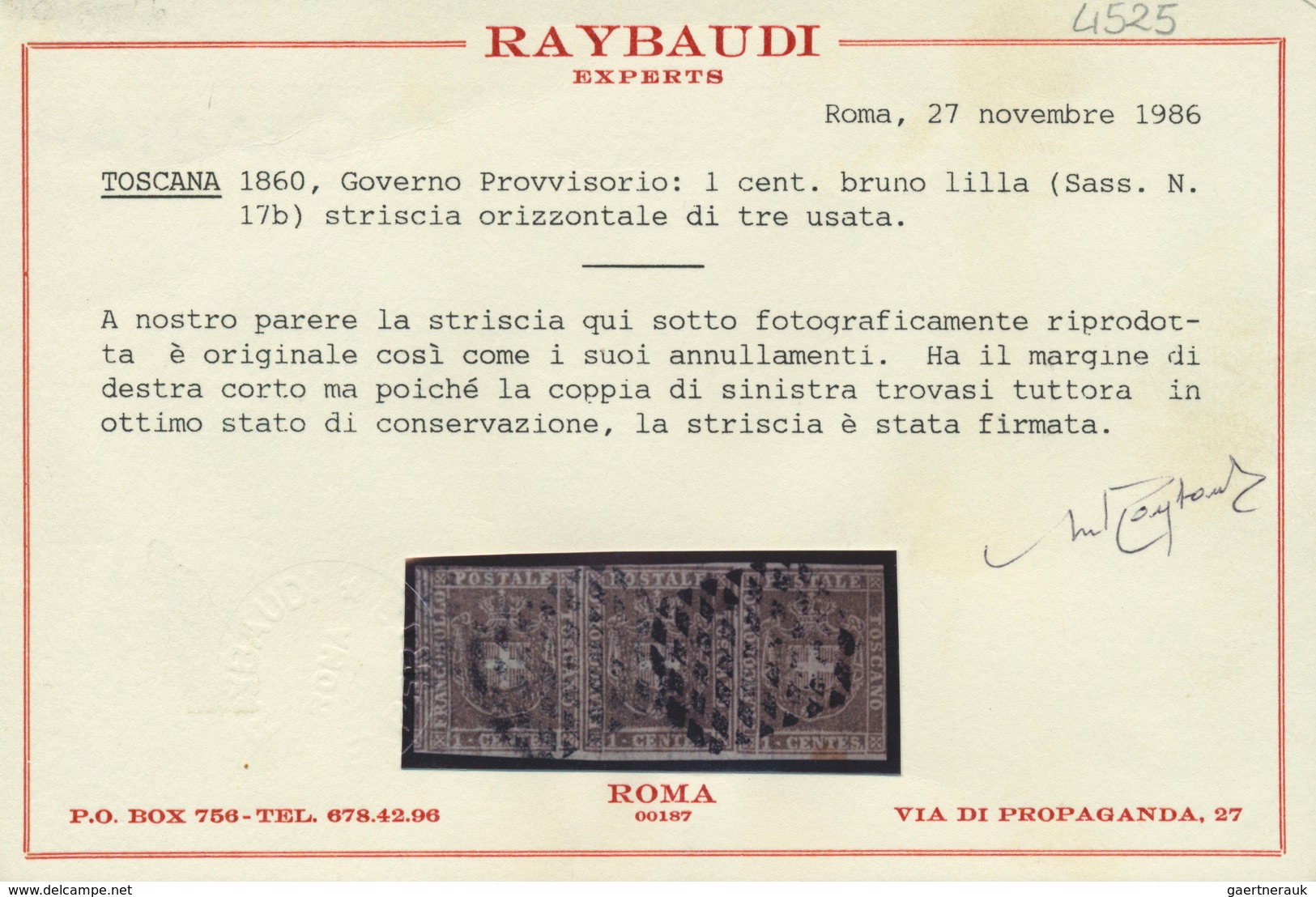Italien - Altitalienische Staaten: Toscana: 1860, 1 Ct Brown Lilac, Horizontal Strip Of 3, Right Mar - Toscane