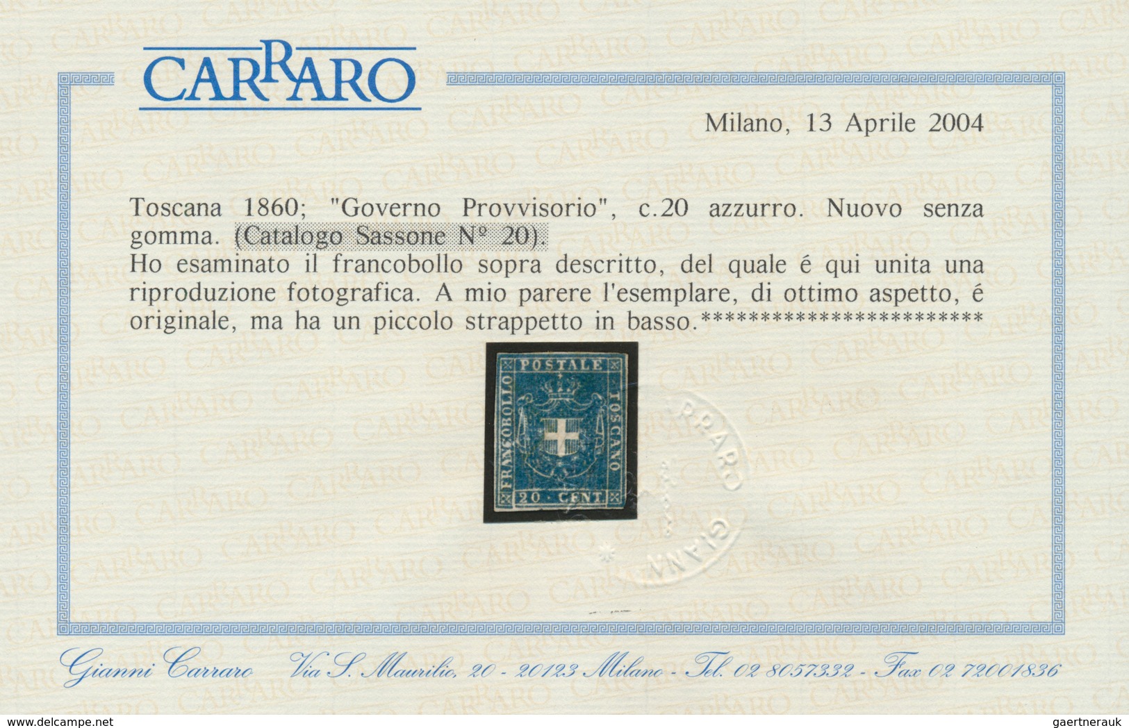 Italien - Altitalienische Staaten: Toscana: 1860, 20 Ct Blue, Full Margins, Fresh Color, Mint Ungumm - Toscane