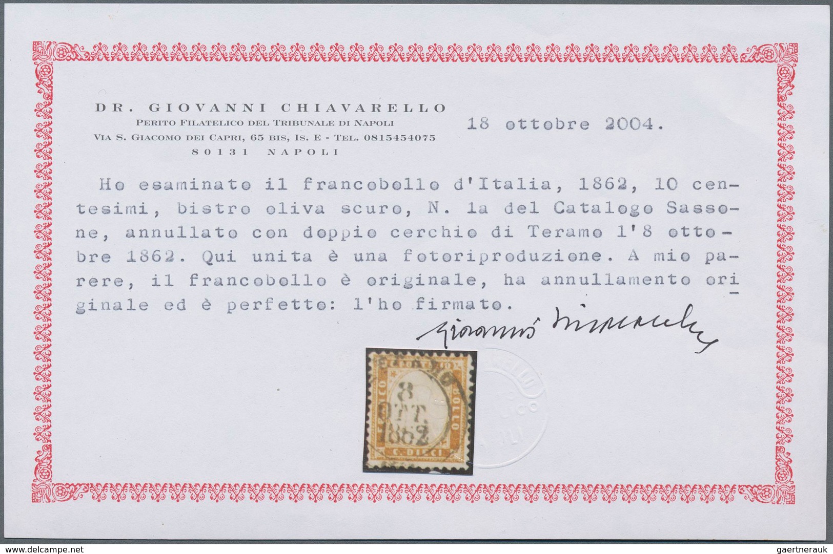 Italien: 1862, 10c. Bistre, Fresh Colour, Well Perforated, Neatly Cancelled "TERAMO 8 OTT 1862", Sig - Nuovi