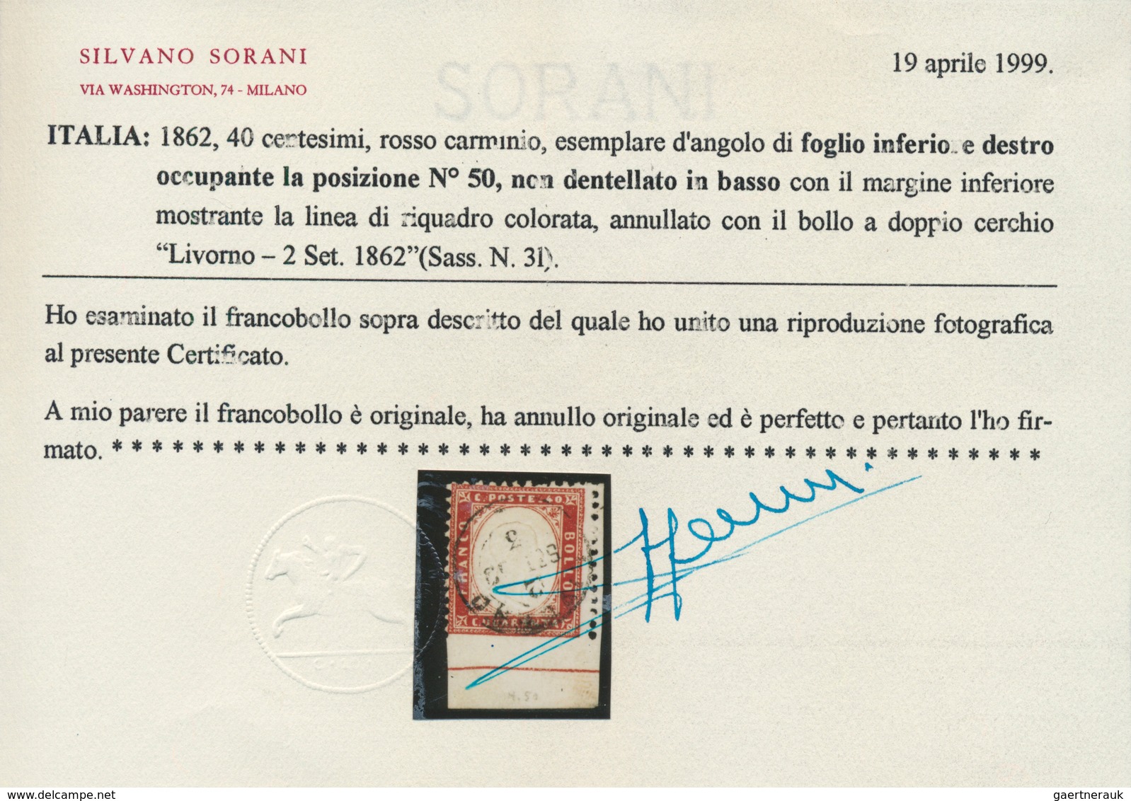 Italien: 1862, 40c. Carmine, Fresh Colour And Well Perforated, Bottom Marginal Copy (=imperf. At Bas - Ongebruikt