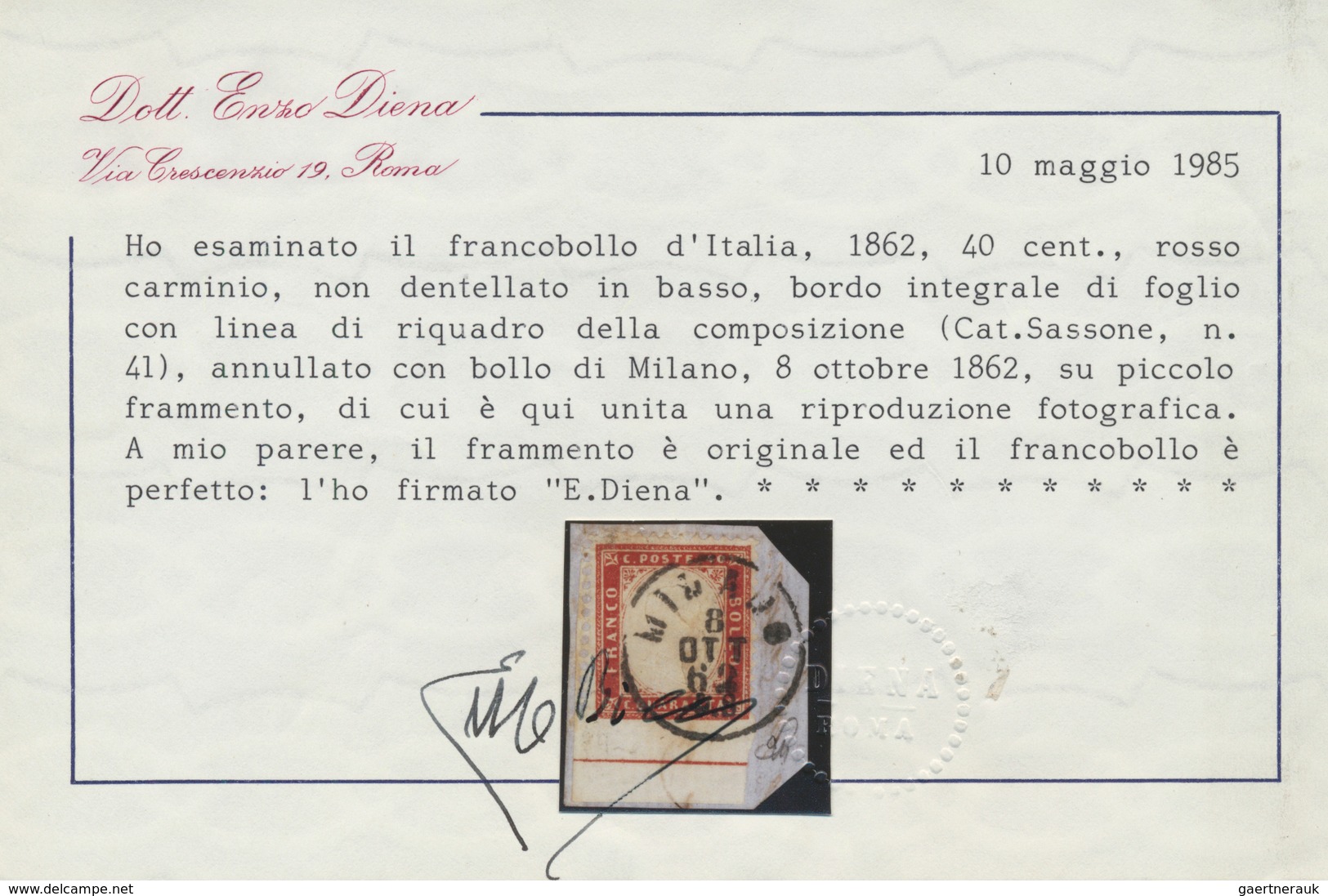 Italien: 1862, 40c. Carmine, Fresh Colour And Well Perforated, Bottom Marginal Copy (=imperf. At Bas - Mint/hinged