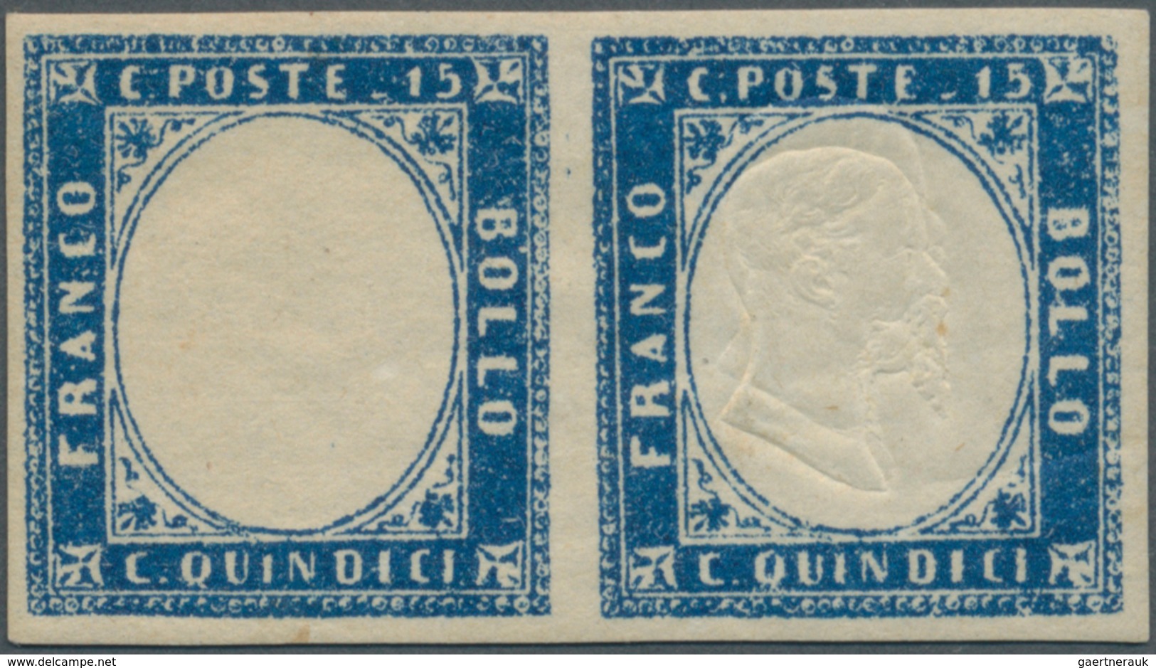 Italien: 1863, 15 C Blue, Horizontal Pair, Full Margins, Left Stamp Without Impression And Right Sta - Ongebruikt