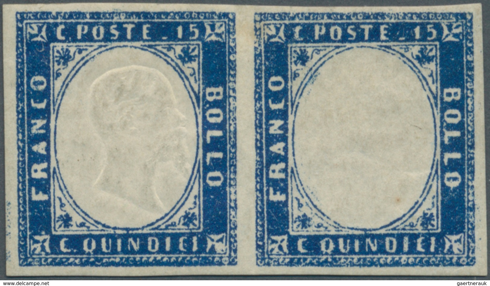 Italien: 1863, 15c. Blue, Horizontal Pair, Left Stamp Without Embossing Of King's Head, Unused No Gu - Ongebruikt