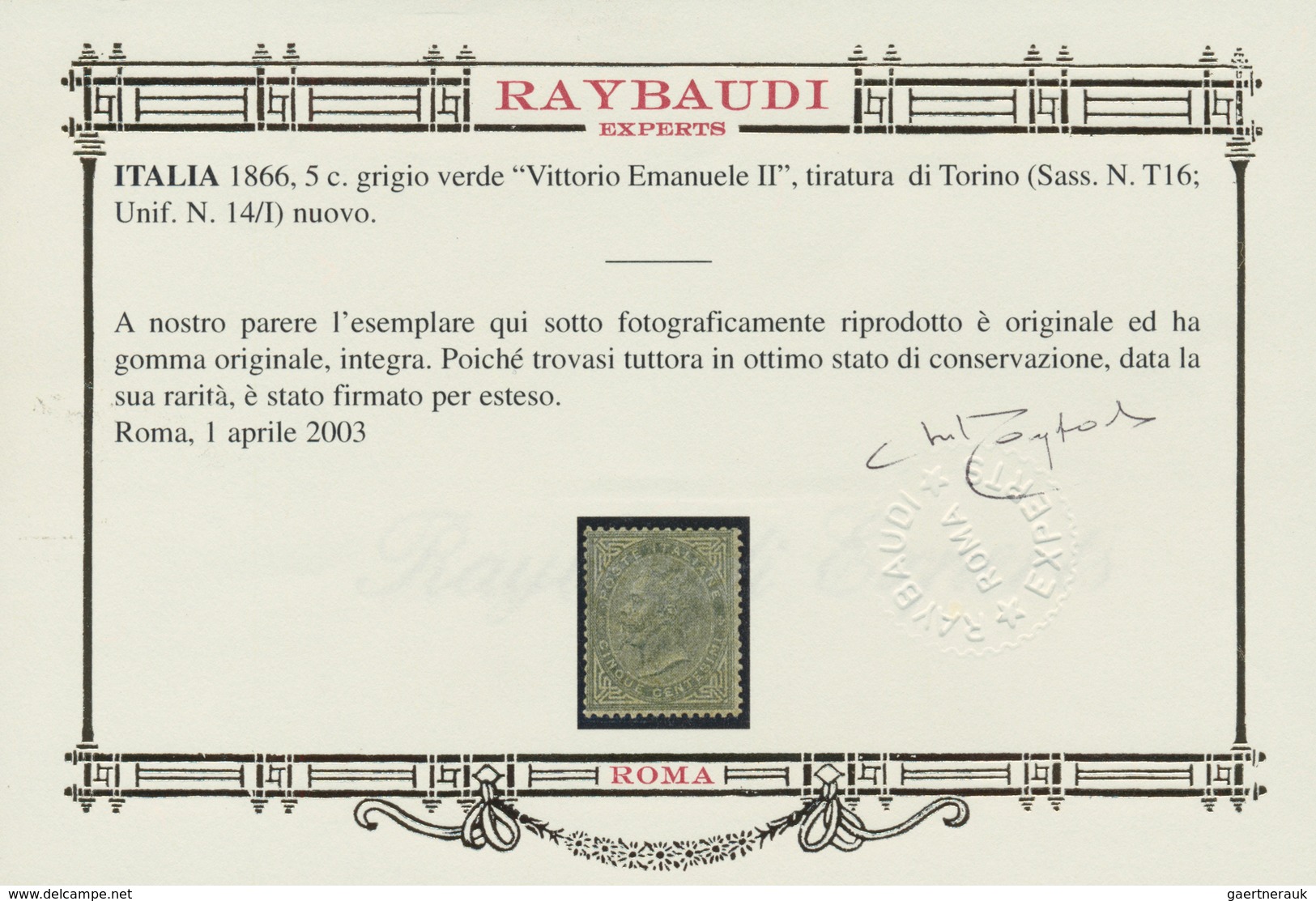 Italien: 1866, 5 Cents Green-grey, Turin Printing, Discreet Centering, MNH. Certificate Raybaudi. ÷ - Ongebruikt