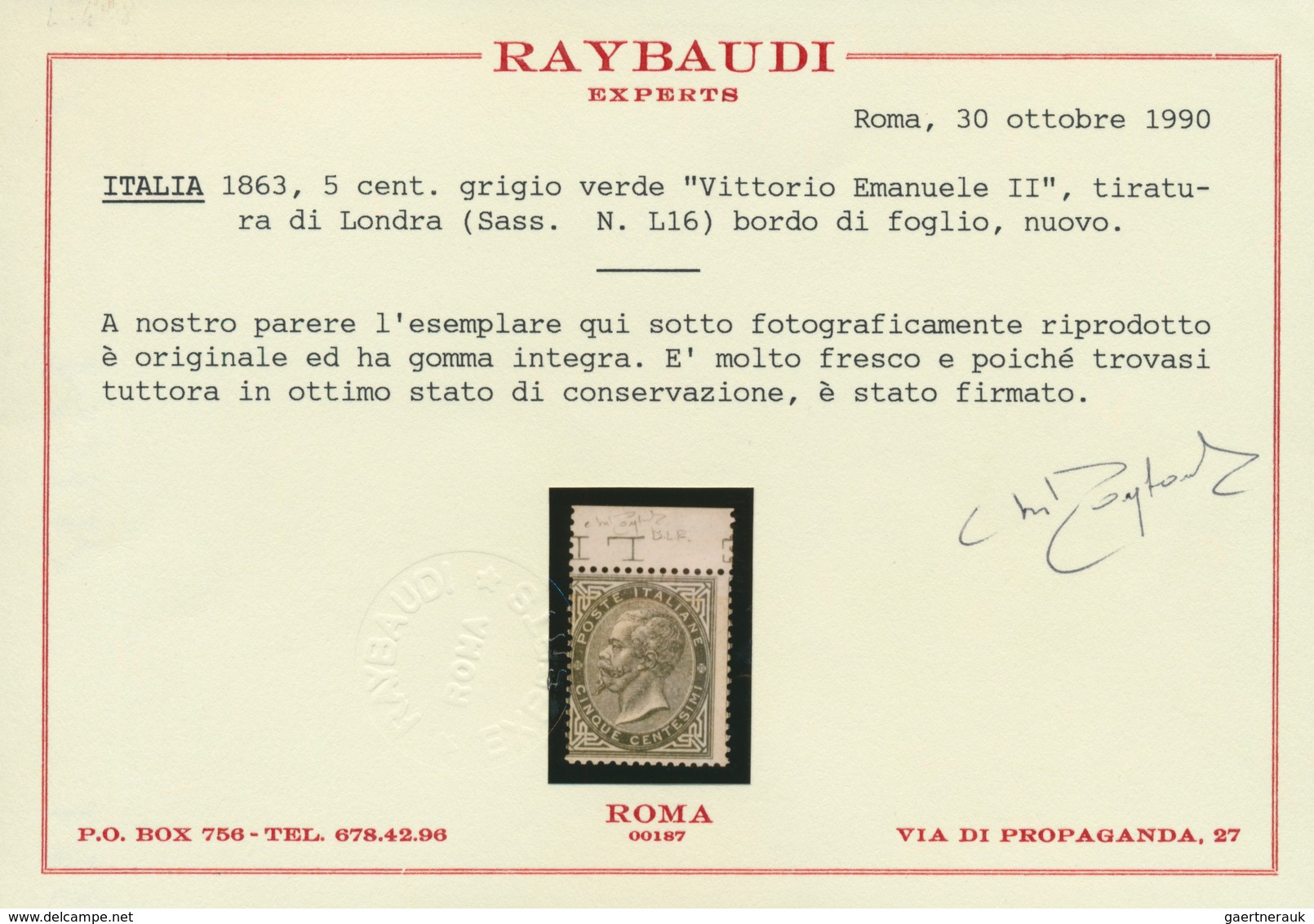 Italien: 1863, 5c. Greyish Olive, London Printing, Fresh Colour, Well Perforated, Top Marginal Copy, - Ongebruikt