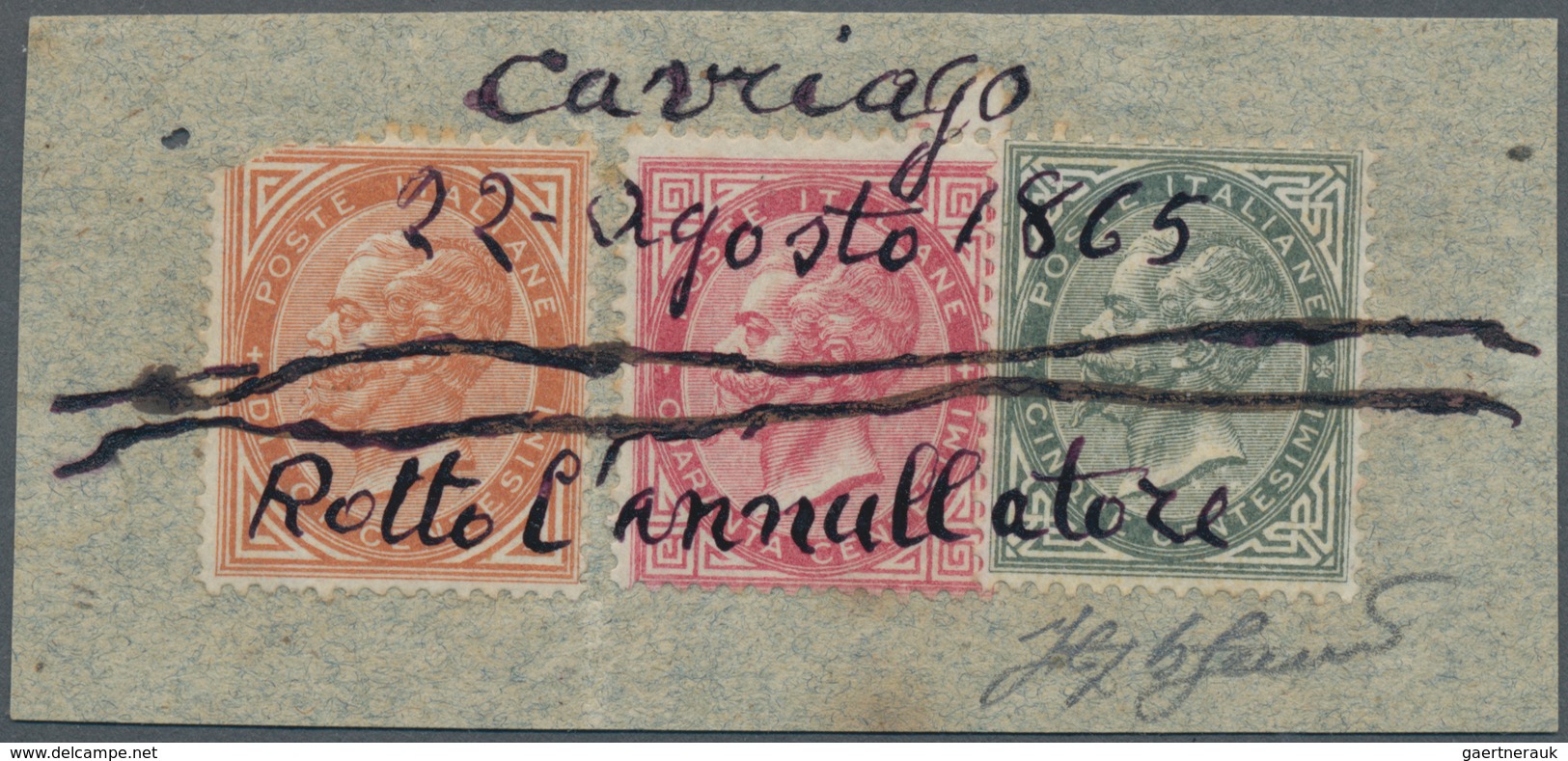 Italien: 1865 Nice Three Colour Franking De La Rue 5 Cent., 10 Cent (defective) And 40 Cent On Piece - Ongebruikt