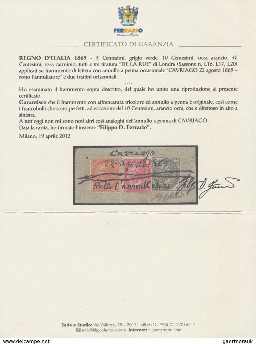 Italien: 1865 Nice Three Colour Franking De La Rue 5 Cent., 10 Cent (defective) And 40 Cent On Piece - Ongebruikt