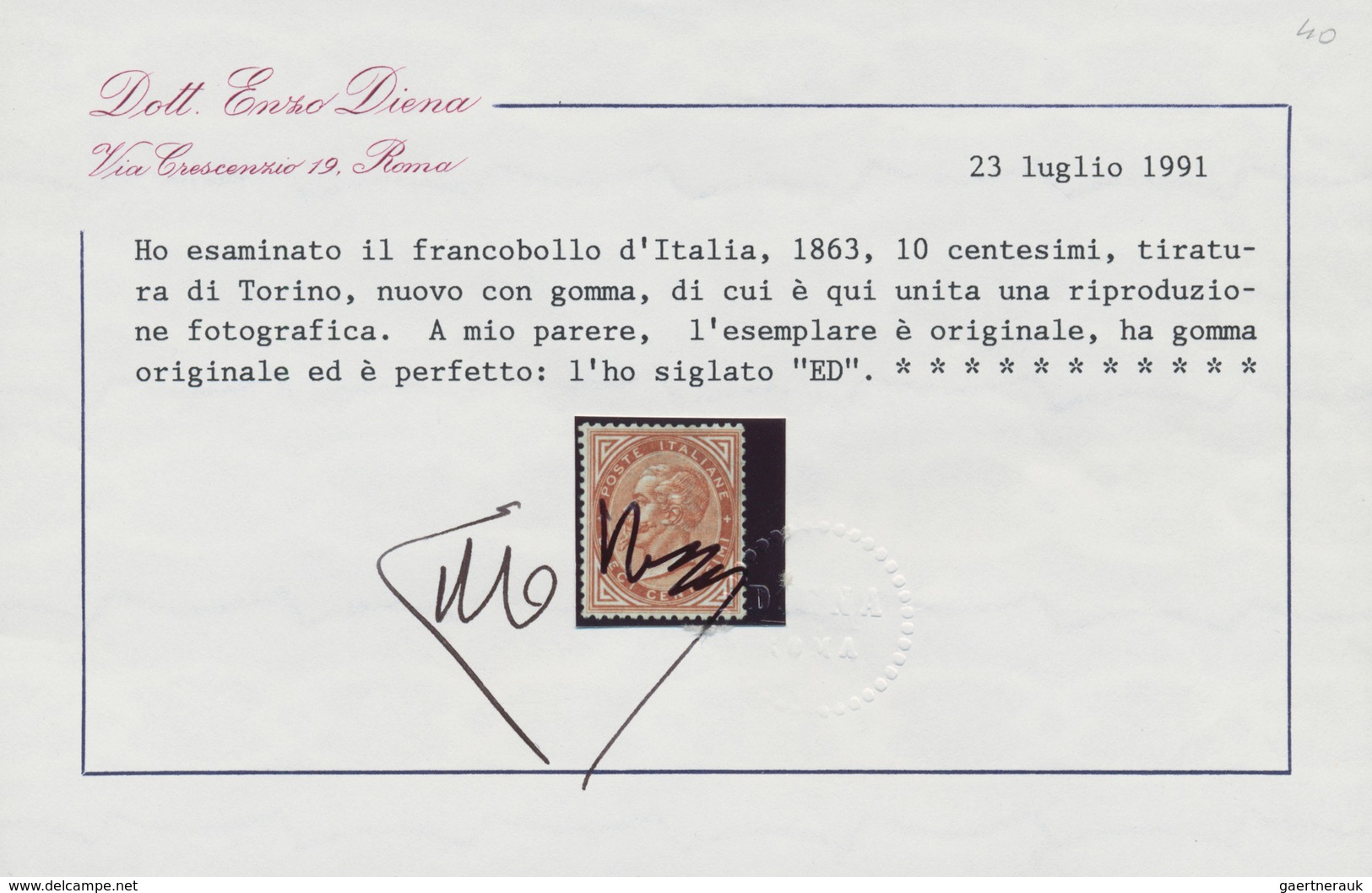 Italien: 1863: 10 Cents, Turin Printing, Excellent Centering And Original Gum. Signed And Certified - Nuovi