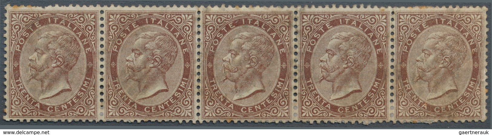 Italien: 1863 Strip Of Five 30 Cent De La Rue (London Print), Used With Very Light Cancel. One Stamp - Ongebruikt