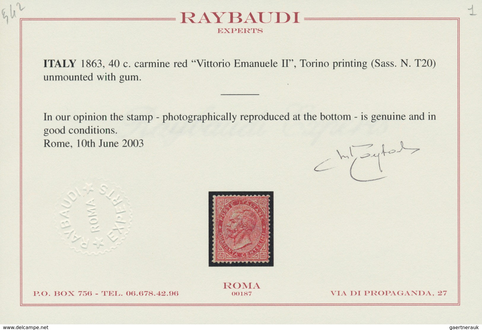 Italien: 1863: 40 Centesimi Carmine Red "Vittorio Emanuele II.", Turin Printing, Mint With Gum, Bett - Mint/hinged