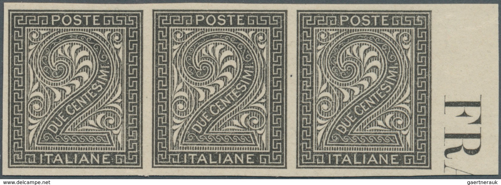 Italien: 1863, 2 C Numerals, Imperforated Color Proof In Black, Ungummed, Horizontal Strip Of 3 From - Ongebruikt