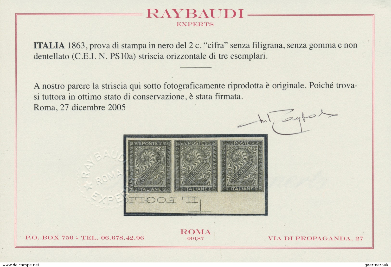 Italien: 1863, Proof In Black Of The 2 Cents "digit" Without Watermark, Without Gum And Not Perforat - Ongebruikt