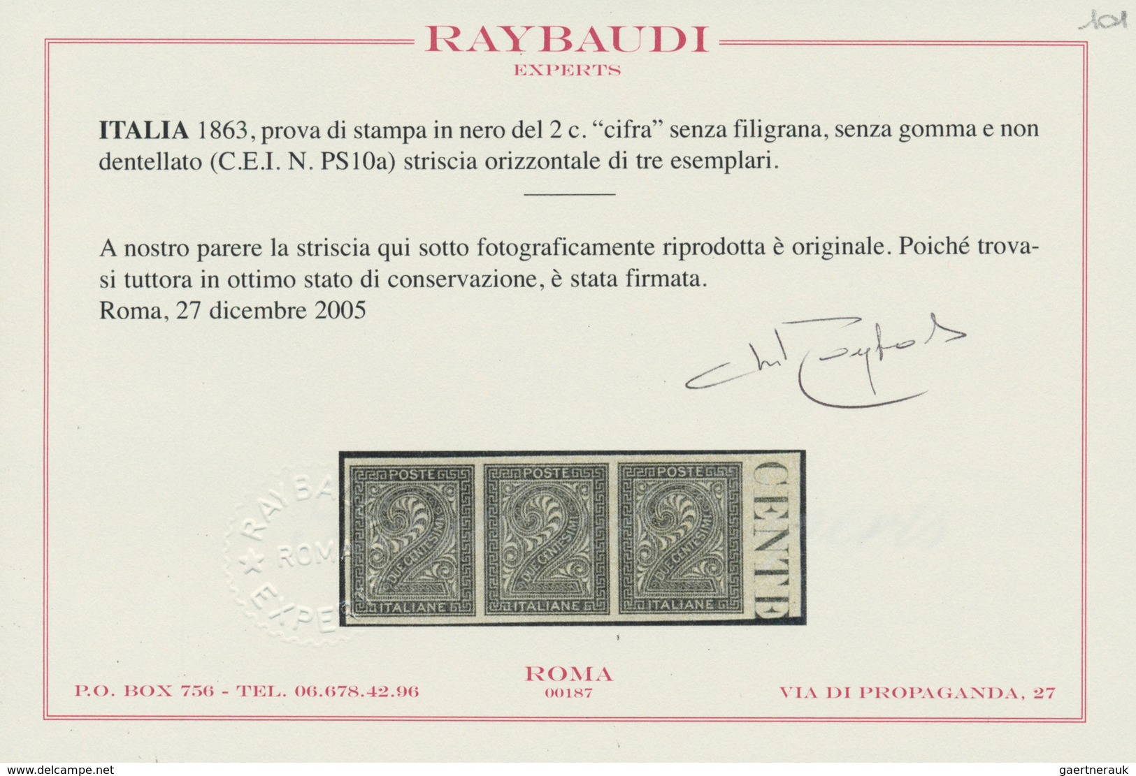 Italien: 1863, Proof In Black Of The 2 Cents "digit" Without Watermark, Without Rubber And Not Perfo - Ongebruikt