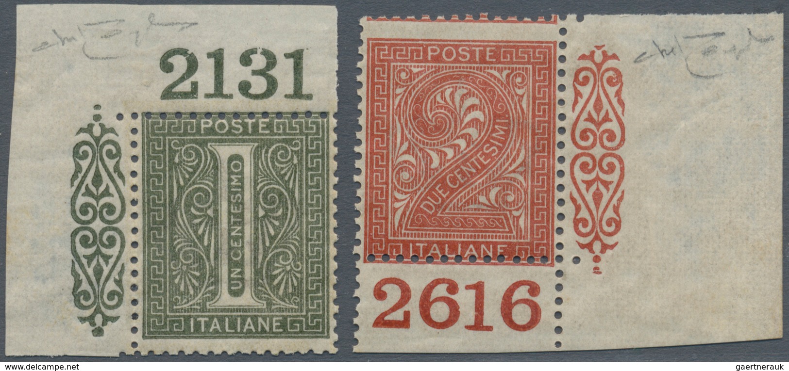 Italien: 1866, 1 Cent Olive Green And 2 Cents Brick Red "digits", Turin Printing, Wide Sheet Angle W - Mint/hinged