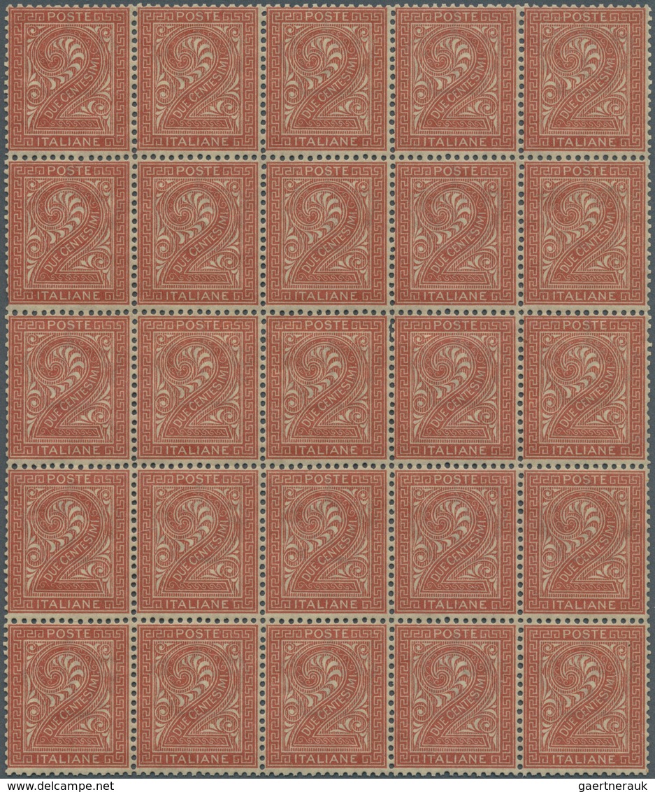 Italien: 1866, 2c. Red-brown, Turin Printing, 29 U/m Stamps (block Of Four And Block Of 25), Natural - Mint/hinged