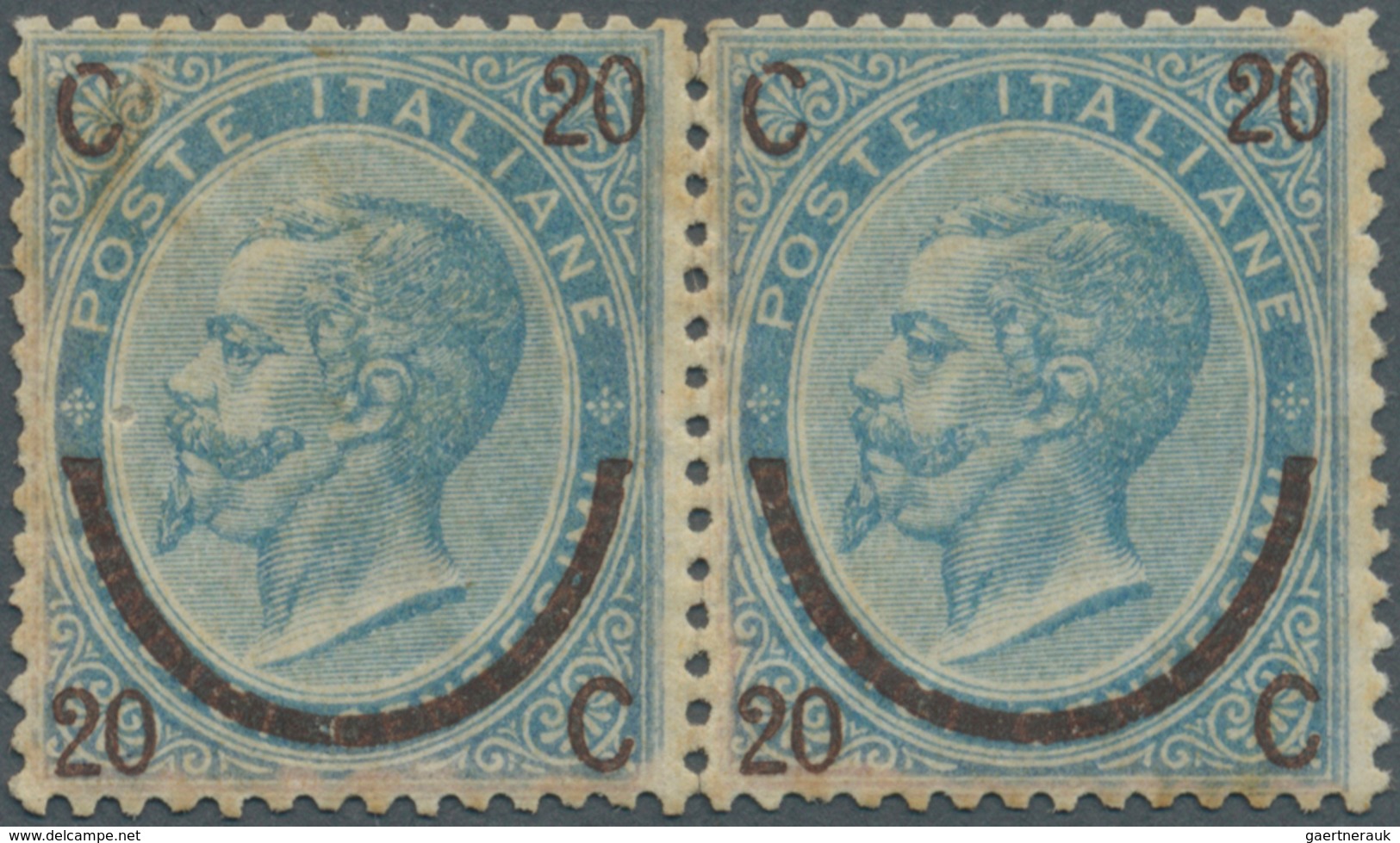 Italien: 1865, 20c. On 15c. Blue, Type I, Horizontal Pair Of Good Centering, Normally Perforated, Mi - Ongebruikt