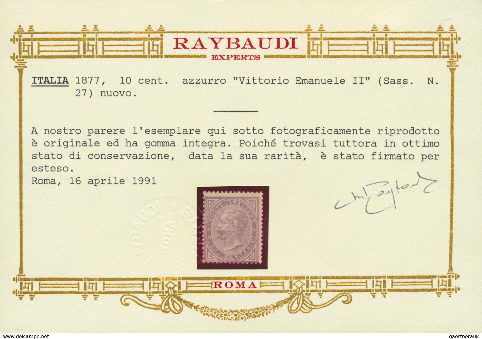 Italien: 1877, 10c. Blue, Fresh Colour, Well Perforated, Unmounted Mint, Signed And Certificate Rayb - Mint/hinged