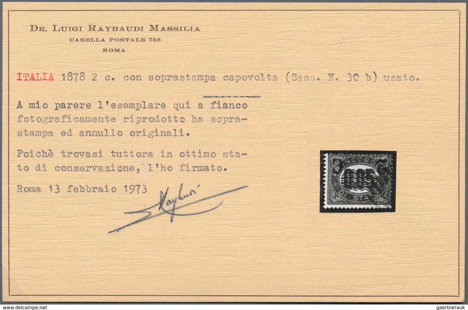 Italien: 1878, 2c. On 0.05l. With Inverted Overprint, Used Copy, Signed And Certificate Raybaudi. Sa - Ongebruikt
