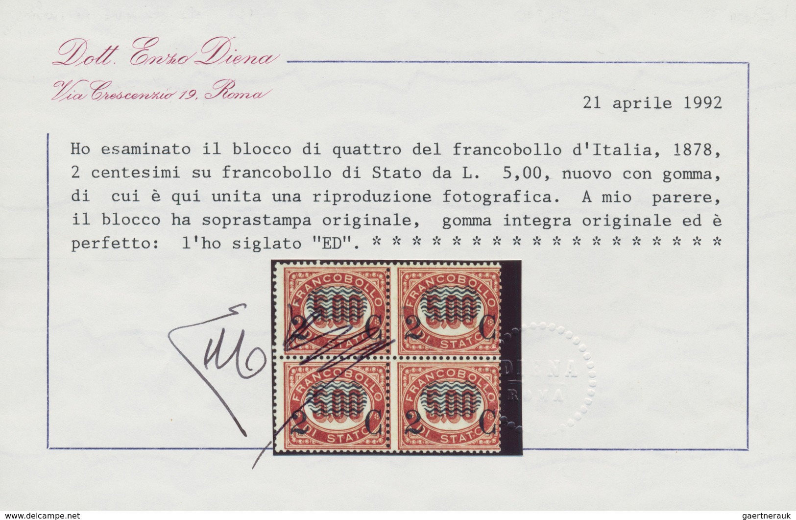 Italien: 1878, 2 Cents On 5 Lire Service Stamp, Block Of Four, MNH; With Certificate Of E. Diena (19 - Ongebruikt