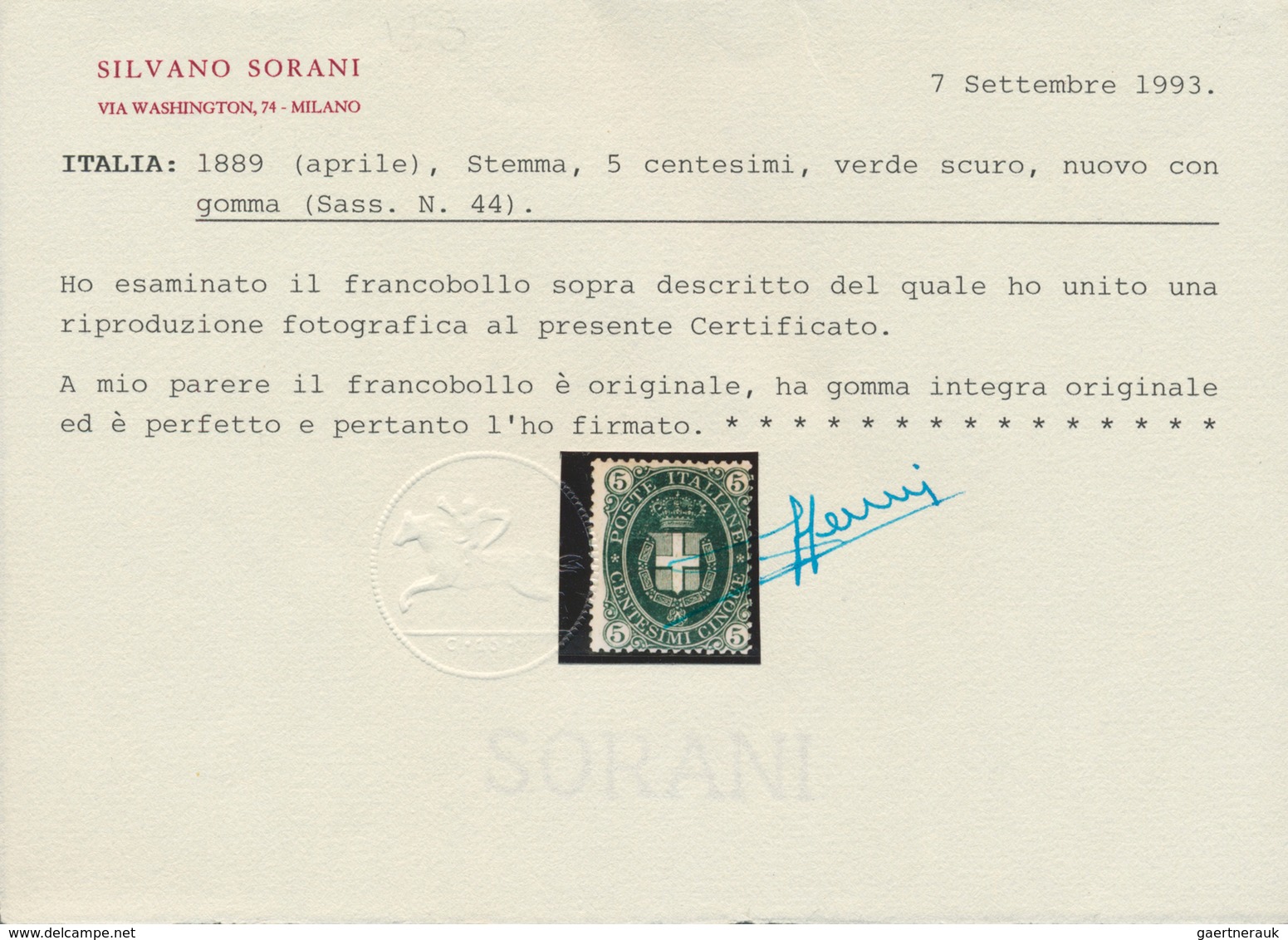 Italien: 1889, 5c. Green Unmounted Mint (with Attractive Offset Of Colour), Signed And Certificate S - Mint/hinged