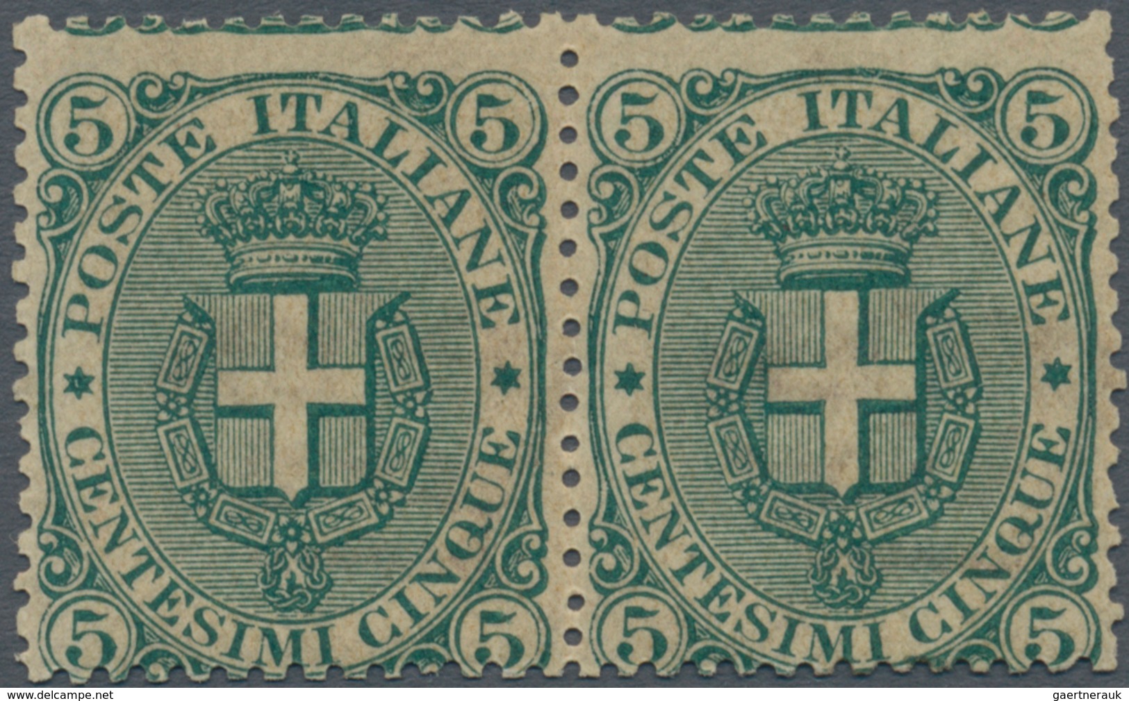 Italien: 1889, Coat Of Arms 5c. Dark-green Horiz. Pair, Unused With Original Gum But Some Toning And - Ongebruikt