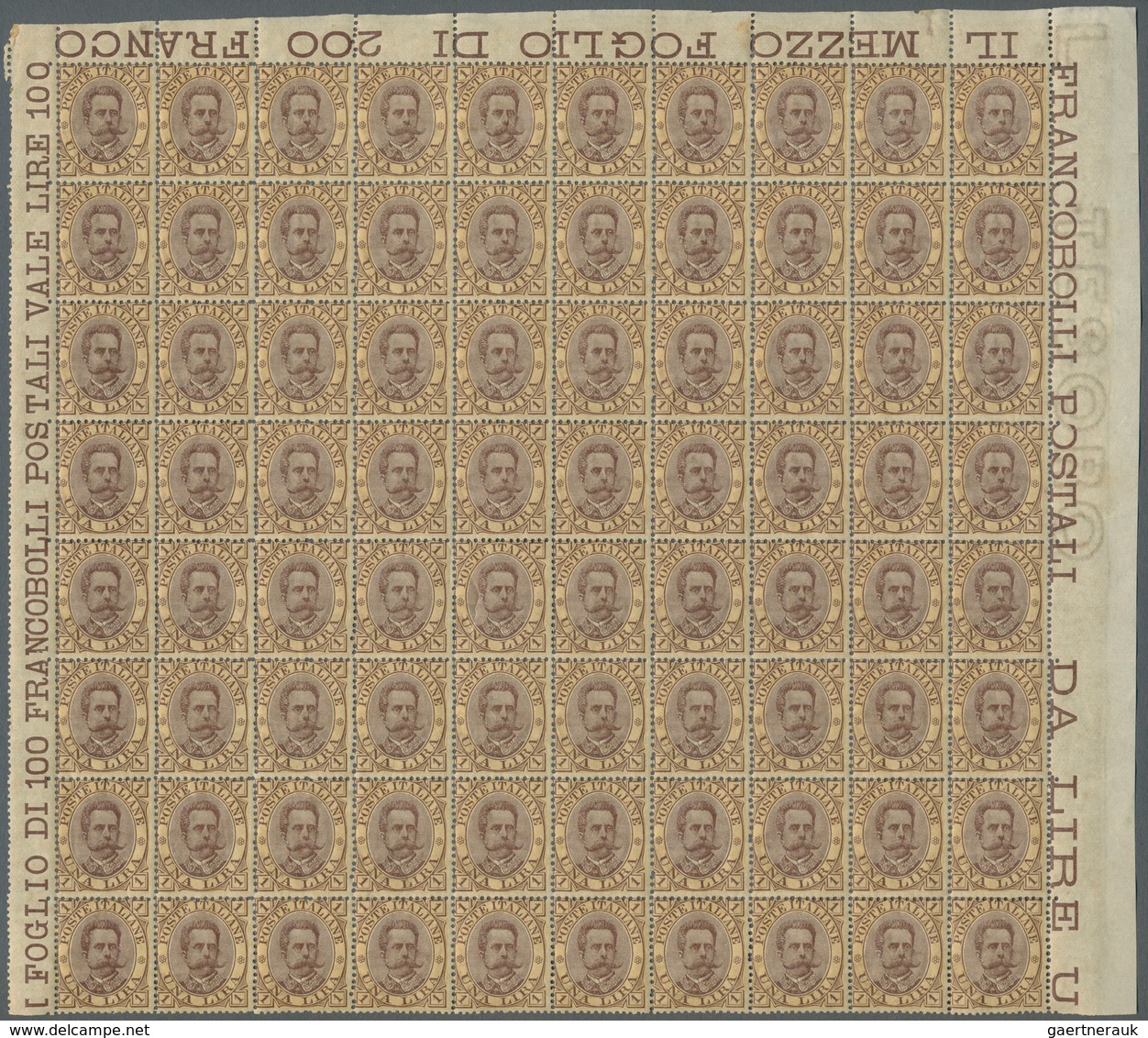 Italien: 1889, Umberto I, 1 L. Brown Yellow Part Sheet Of 80, Mint Never Hinged, Little Uneven And G - Ongebruikt