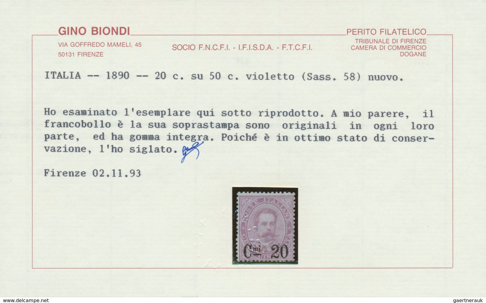 Italien: 1890, King Umberto I. 50c. Violet Surch. 'Cmi 20' Unused With Large Part Original Gum, Scar - Ongebruikt