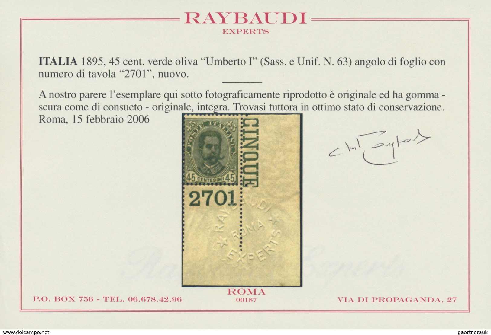 Italien: 1895, 45 Cents Olive Green "Umberto I", Sheet Corner With Plate Number "2701", MNH; With Ra - Ongebruikt