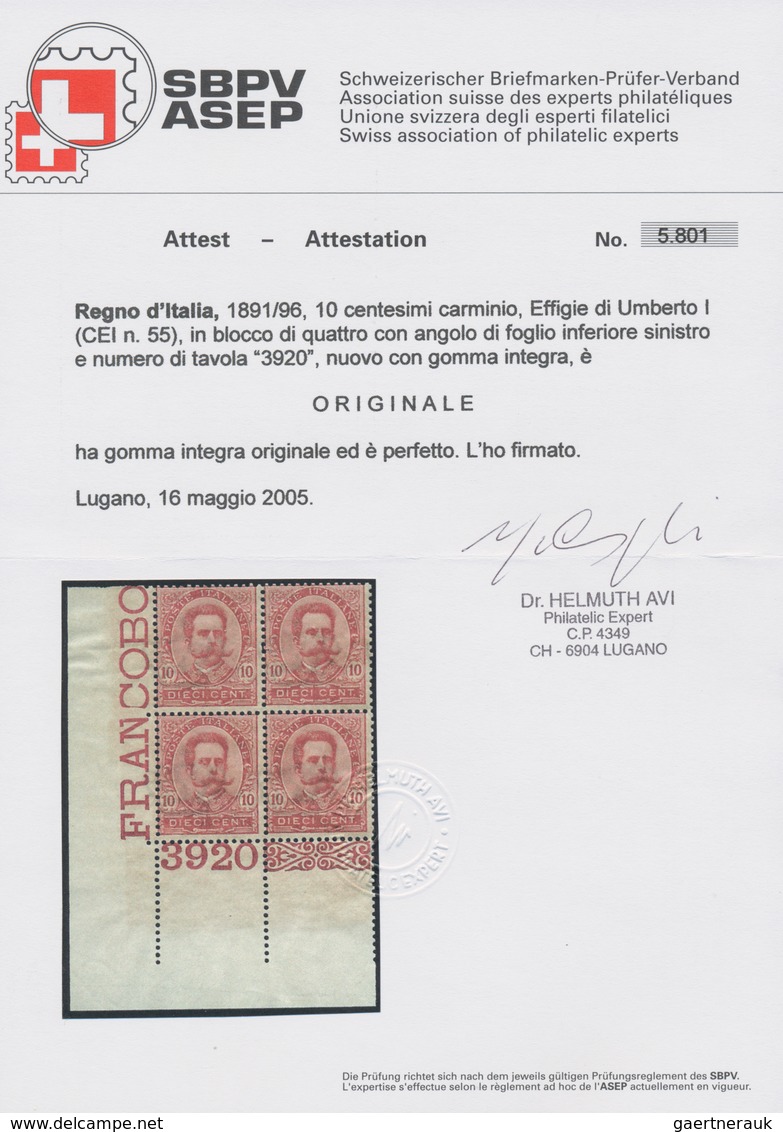 Italien: 1896, 10c. Carmine, Marginal Block Of Four From The Lower Left Corner Of The Sheet With She - Mint/hinged