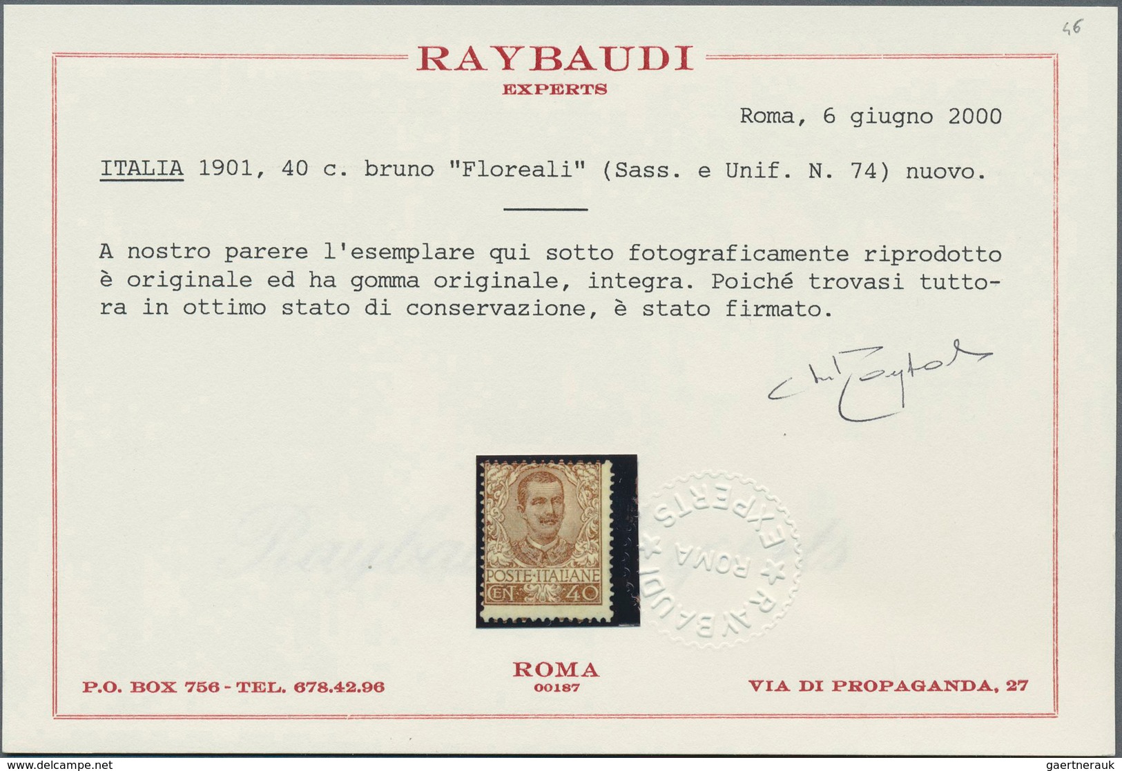 Italien: 1901, Floreali 40c. Brown, Fresh Colour, Well Perforated, Unmounted Mint, Signed And Certif - Ongebruikt