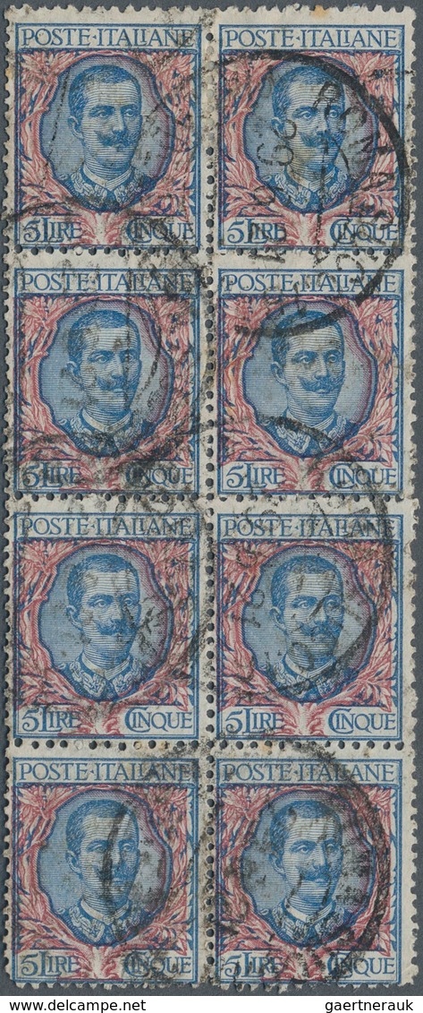 Italien: 1901, 5l. Blue/rose, Block Of Eight Commercially Used, Some Faults. Sass. 220,- €++ (two Us - Mint/hinged