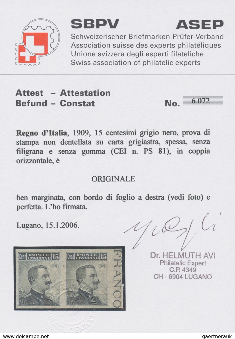 Italien: 1909, 15 Cents Grey Black, Proof Of Print On Thicker Greyish Paper, Not Perforted, Without - Mint/hinged