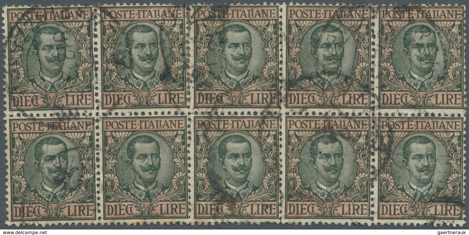 Italien: 1910, 10 L. Olive Rose Cancellaed Block Of Ten, Few Perfs Apart, Fine And Scarce, Sassone C - Ongebruikt