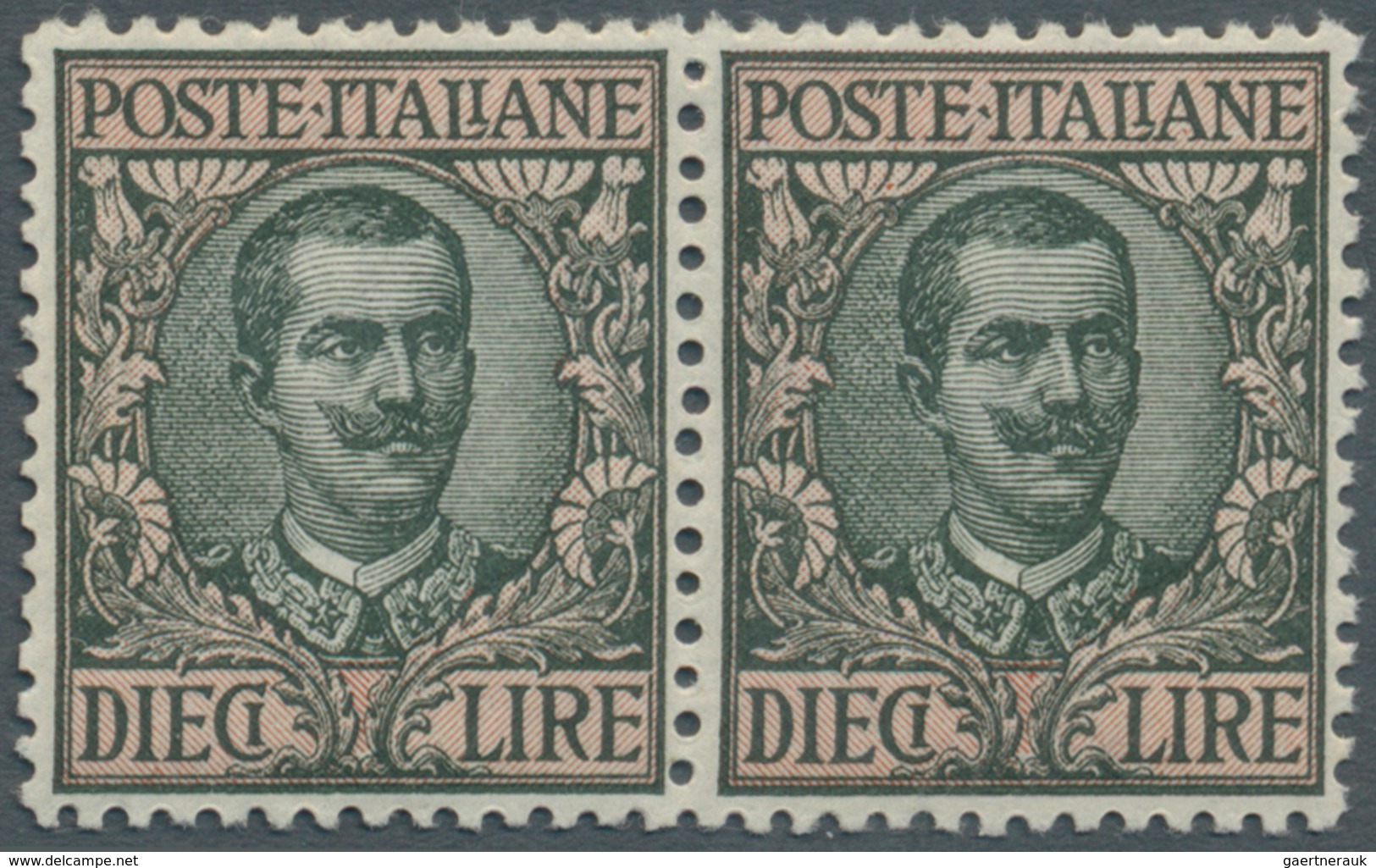 Italien: 1910, 10l. Olive/rose, Horiz. Pair In Very Good Centering, Unmounted Mint, Signed Raybaudi. - Ongebruikt