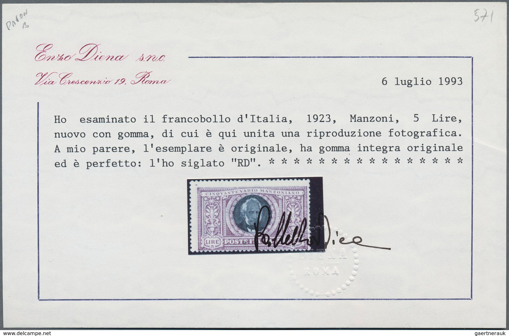 Italien: 1923, Manzoni, 10c. To 5l., Complete Set Of Six Values, Unmounted Mint, 5l. Signed And Cert - Ongebruikt